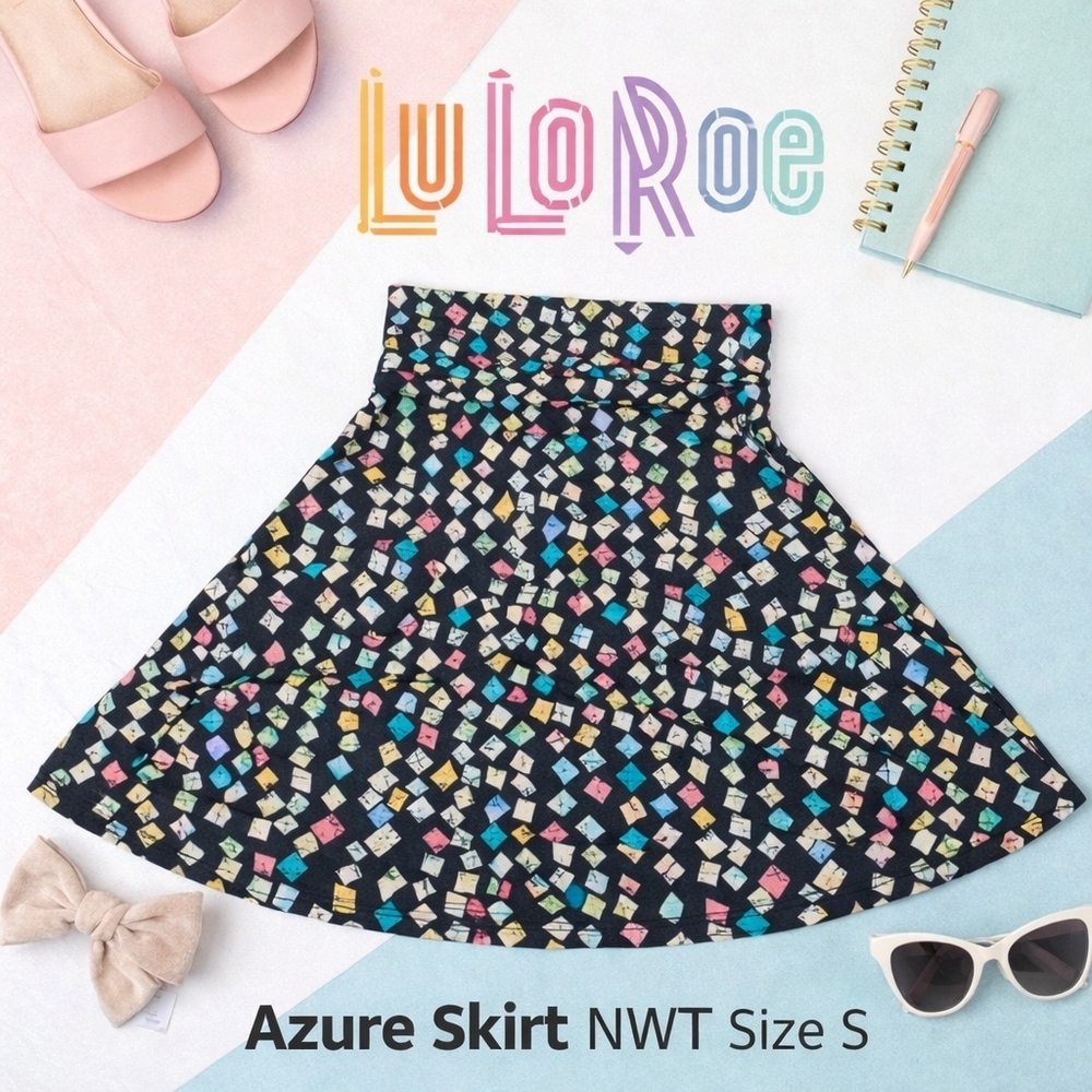 NWT LuLaRoe Azure Skirt Black Pastel Geometric Print A-Line Midi Knee Length